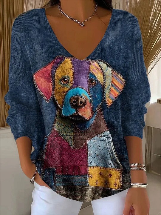 Cute Cartoon Puppy Print V-Neck Long-Sleeve Women's T-Shirt