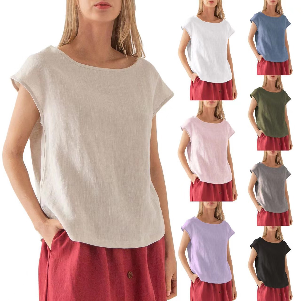 Women's Linen Short Sleeve Crewneck T-Shirt Solid Color Loose Fit