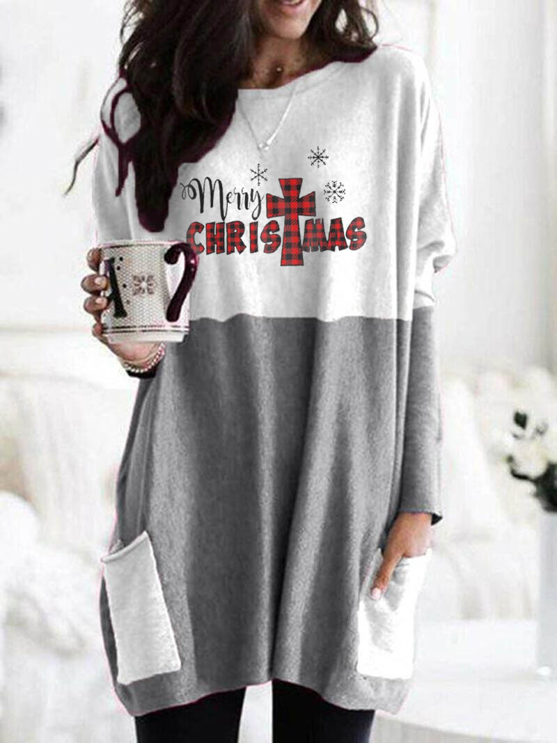 Women's Long Sleeve Color Block Pocket Loose Crewneck T-Shirt