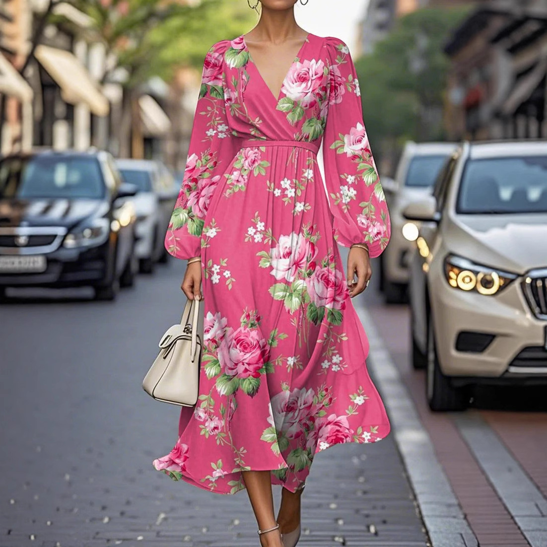 V-Neck Long Sleeve Digital Print Waist-Cinched Long Dress