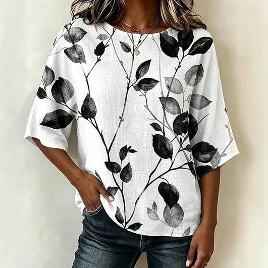 Floral Leaf Print Half-Sleeve Women's Top Retro Fashion Blouse