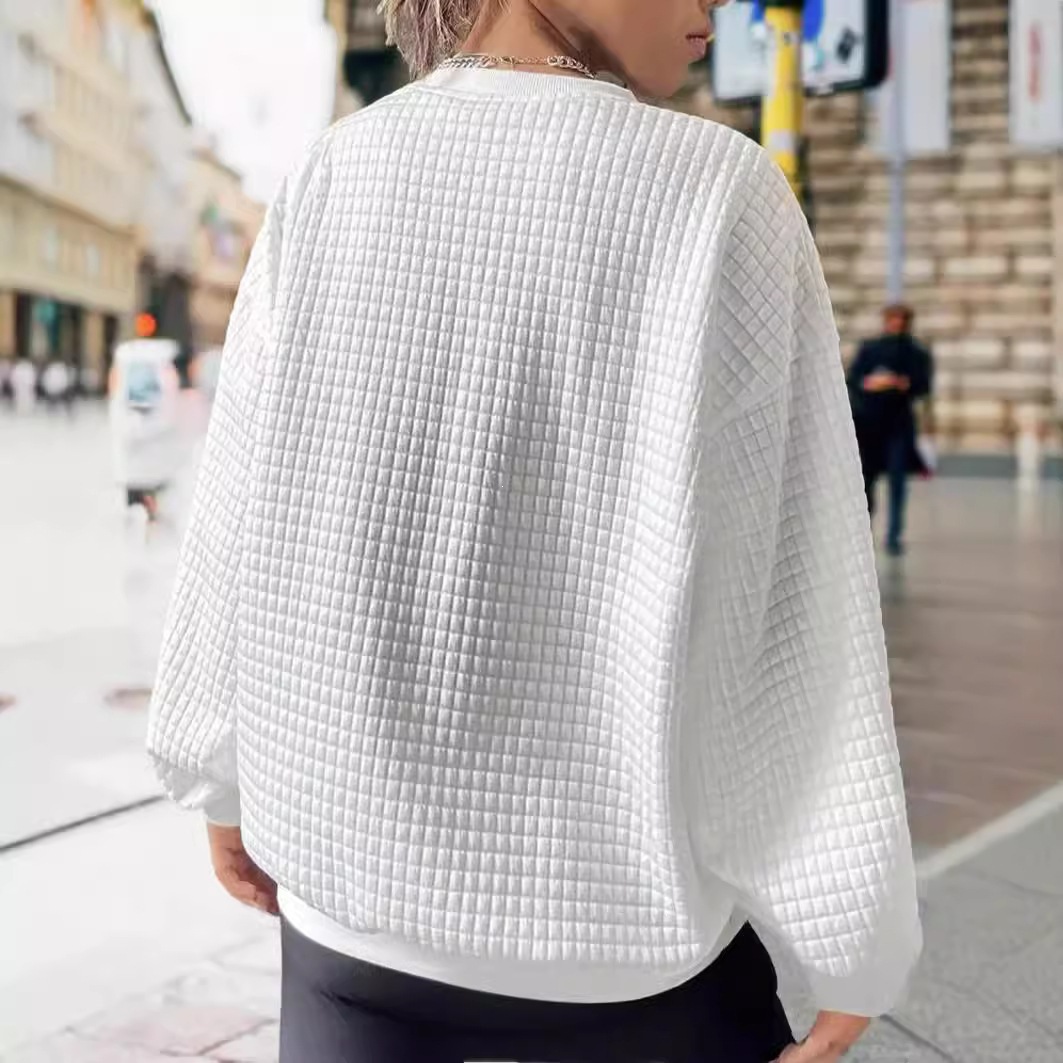 Women's Waffle Knit Long Sleeve Crewneck Sweatshirt Oversized White