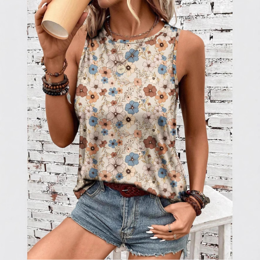 Women's Floral Print Sleeveless Tank Top Round Neck Loose Casual Summer Tee