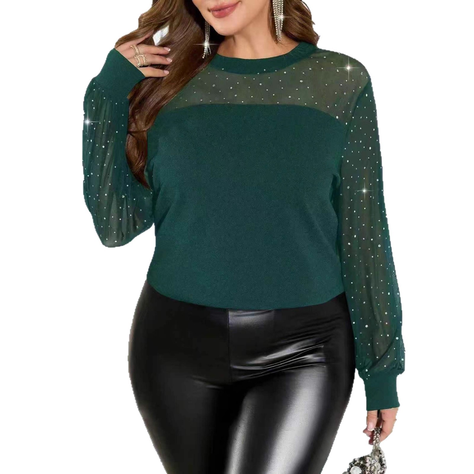 Women's Rhinestone Mesh Panel Long Sleeve Top