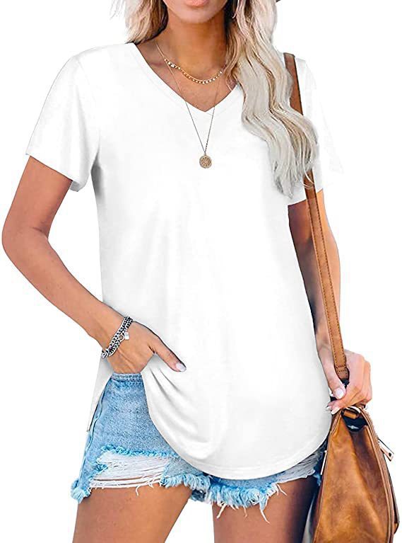 Women's V-Neck Knit Short Sleeve T-Shirt Loose Plus Size Solid Color Top