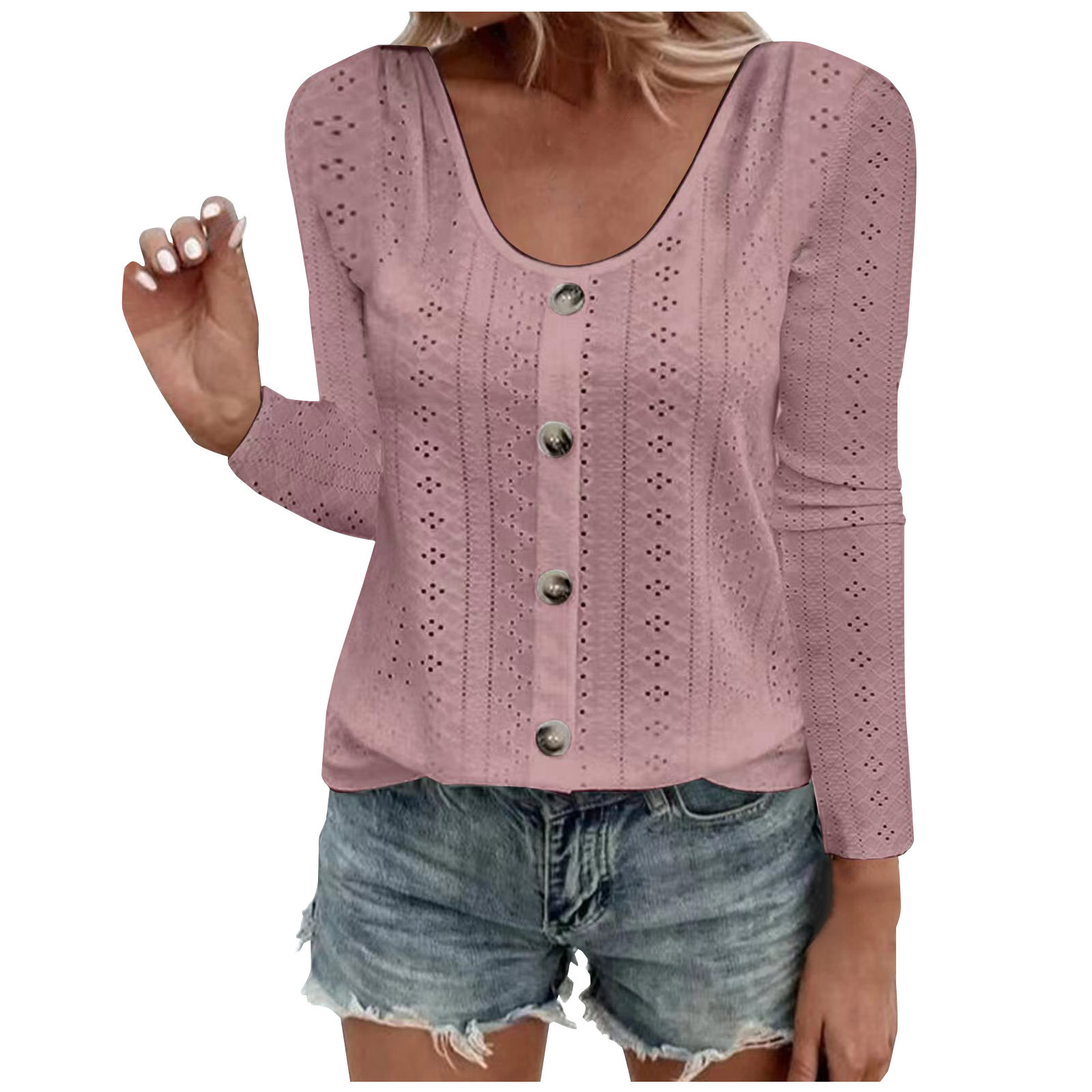 Women's Round Neck Loose Single-Breasted Long-Sleeve Top