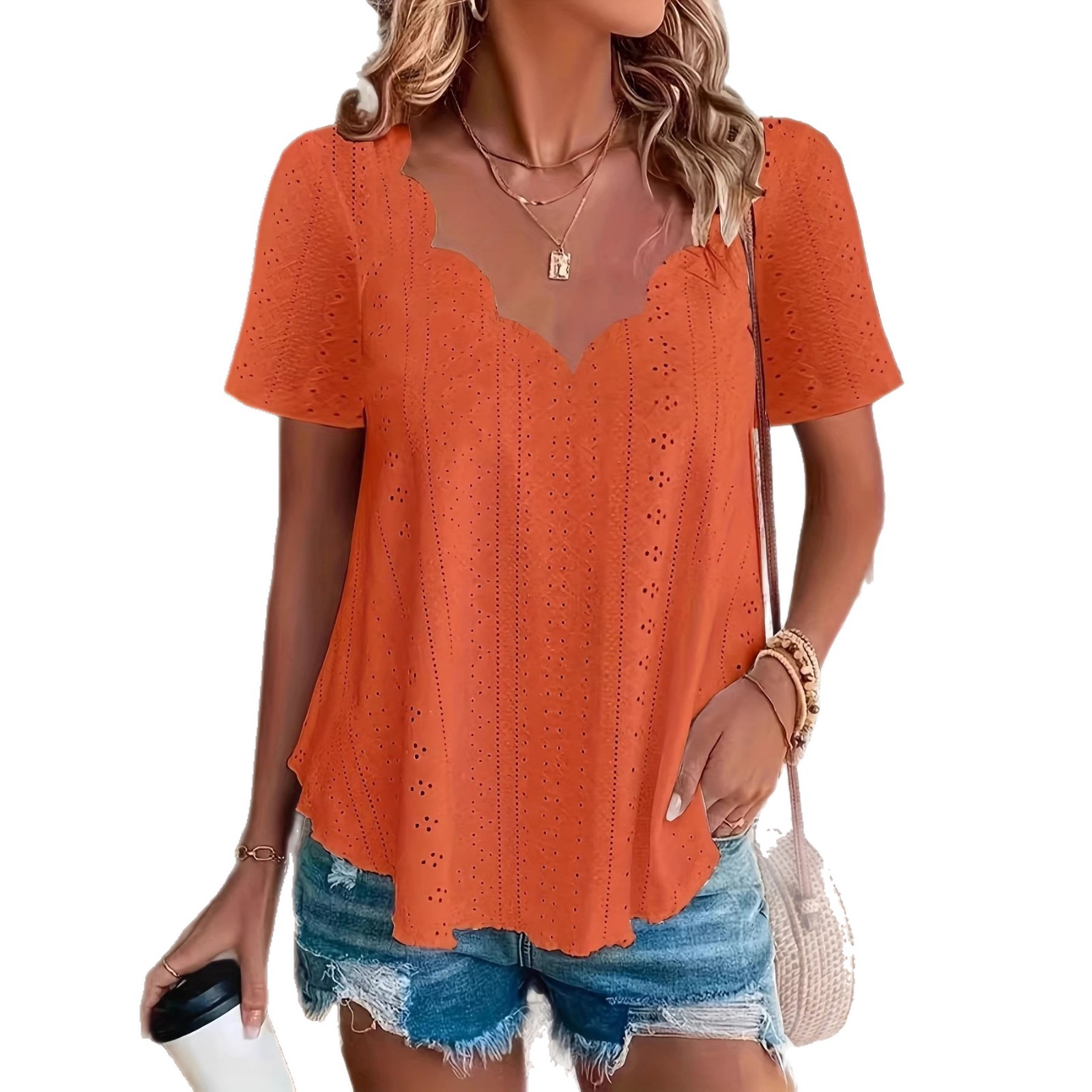 Women's Comfortable Breathable Jacquard Short-Sleeve V-Neck Top