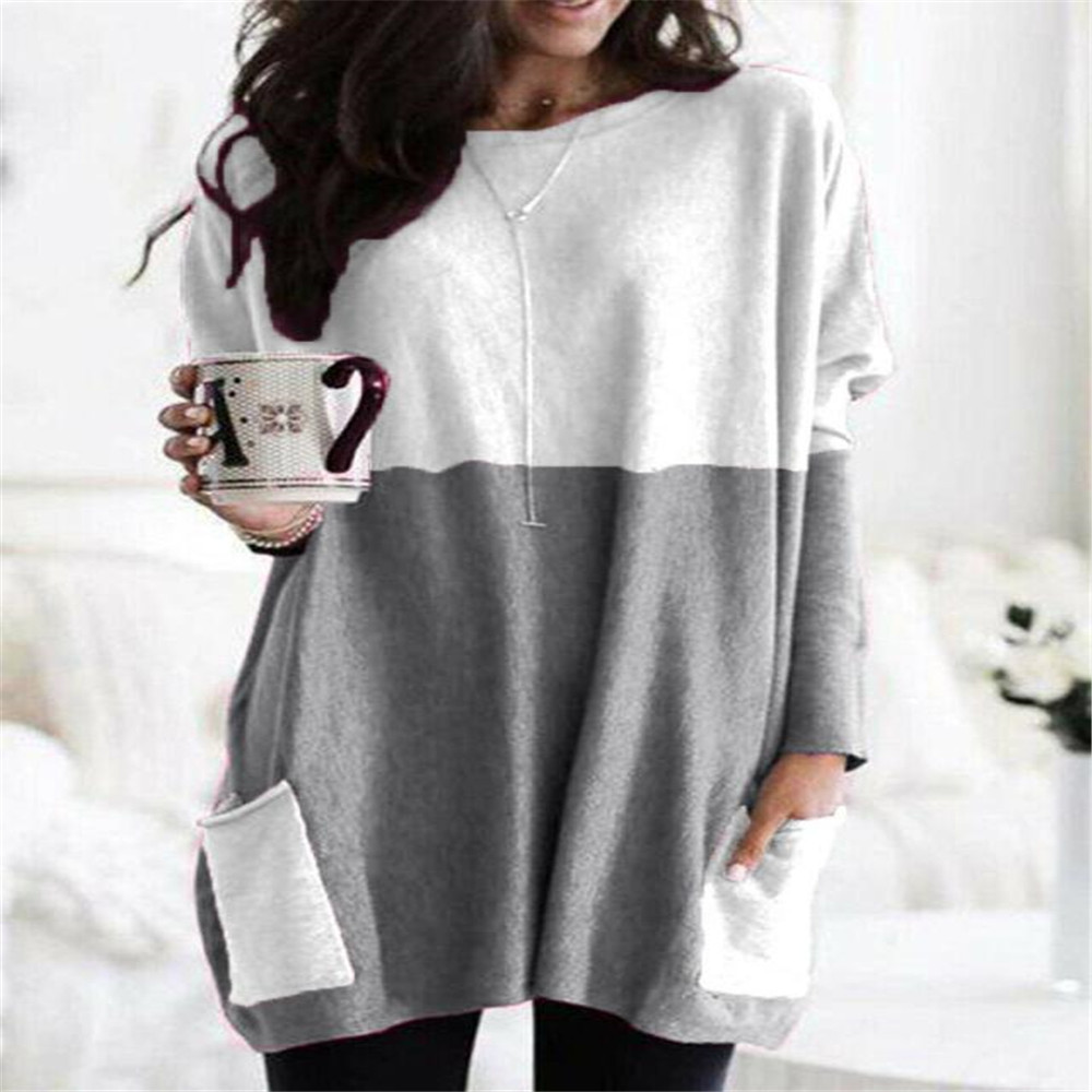Women's Long Sleeve Pocket T-Shirt Casual Loose Fit Solid Color