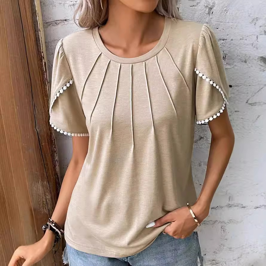 Pleated Short Sleeve T-Shirt with Petal Sleeves and Round Neck