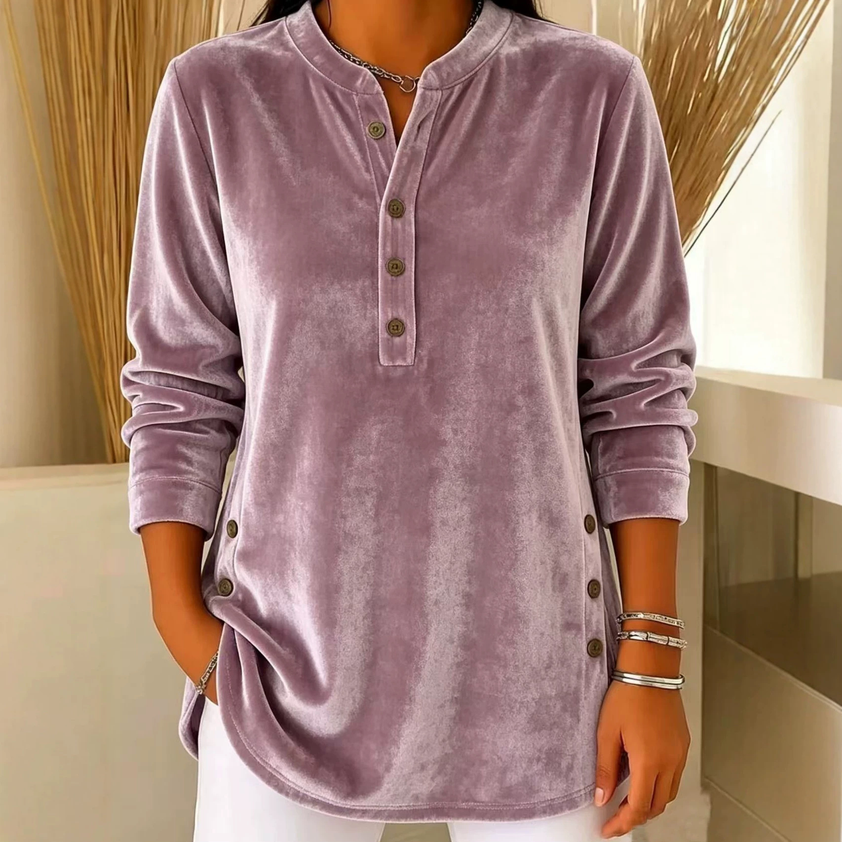 Women's Velvet V-Neck Button Long-Sleeve Loose Fit T-Shirt