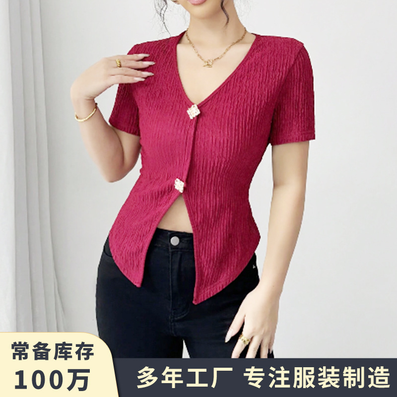 Women's Red V-Neck Short Sleeve Top with Metal Button Detail