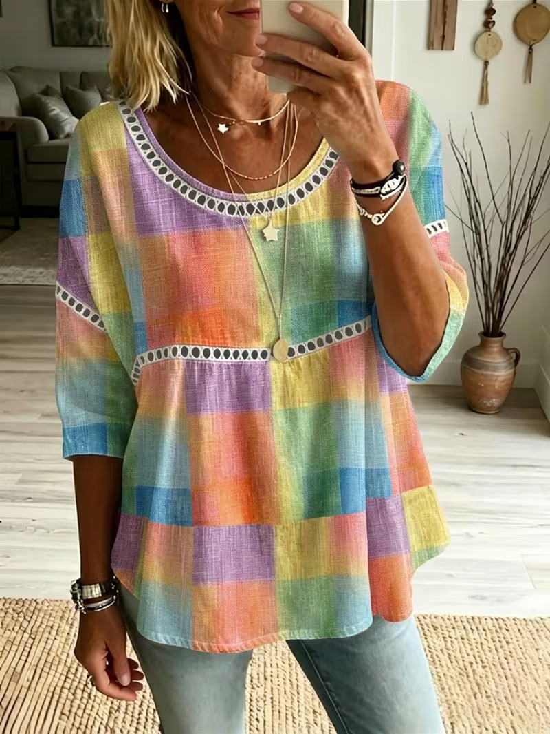 Plaid Floral Star Print Long Sleeve Women's Top