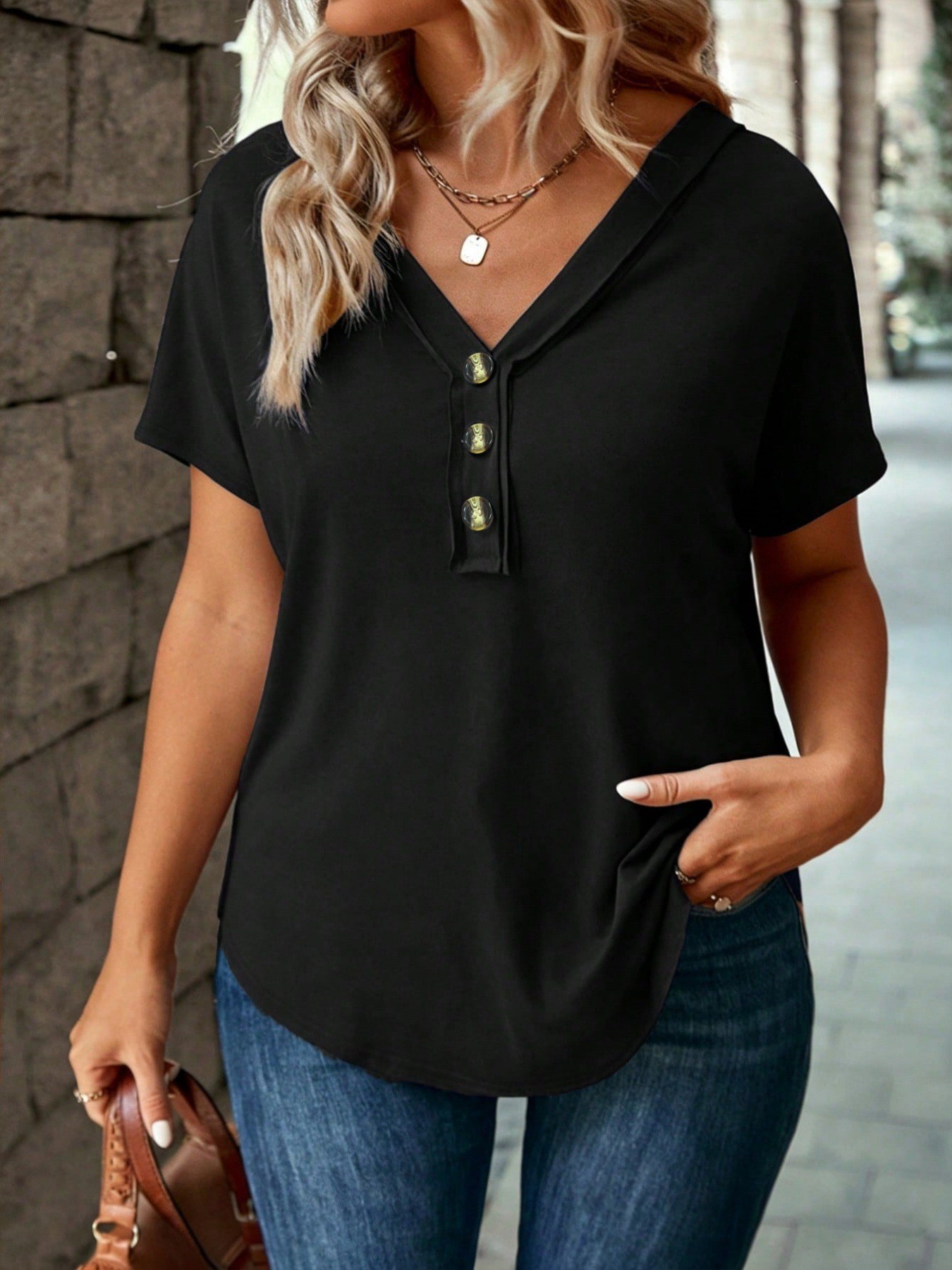 Women's Summer V-Neck Button Short Sleeve Casual T-Shirt