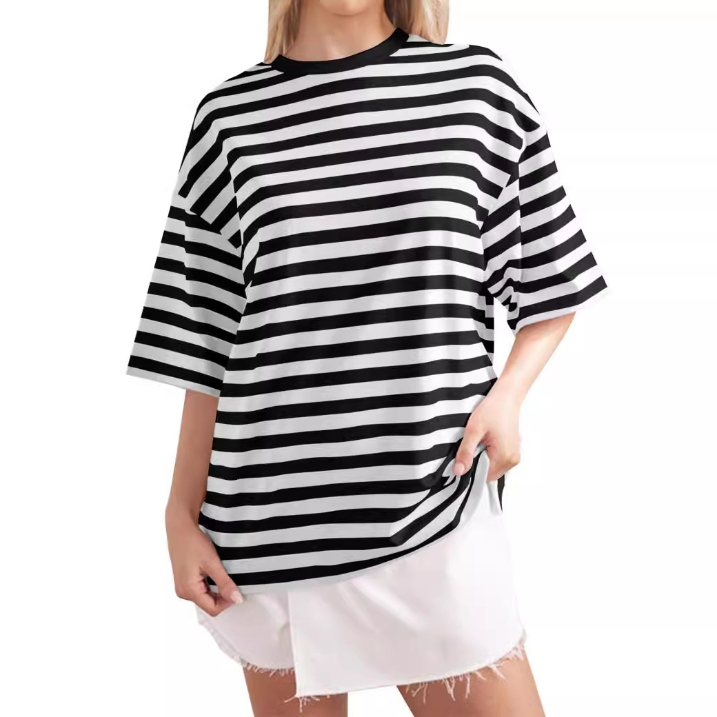 Striped Print Crewneck Half-Sleeve T-Shirt Casual Loose Fit