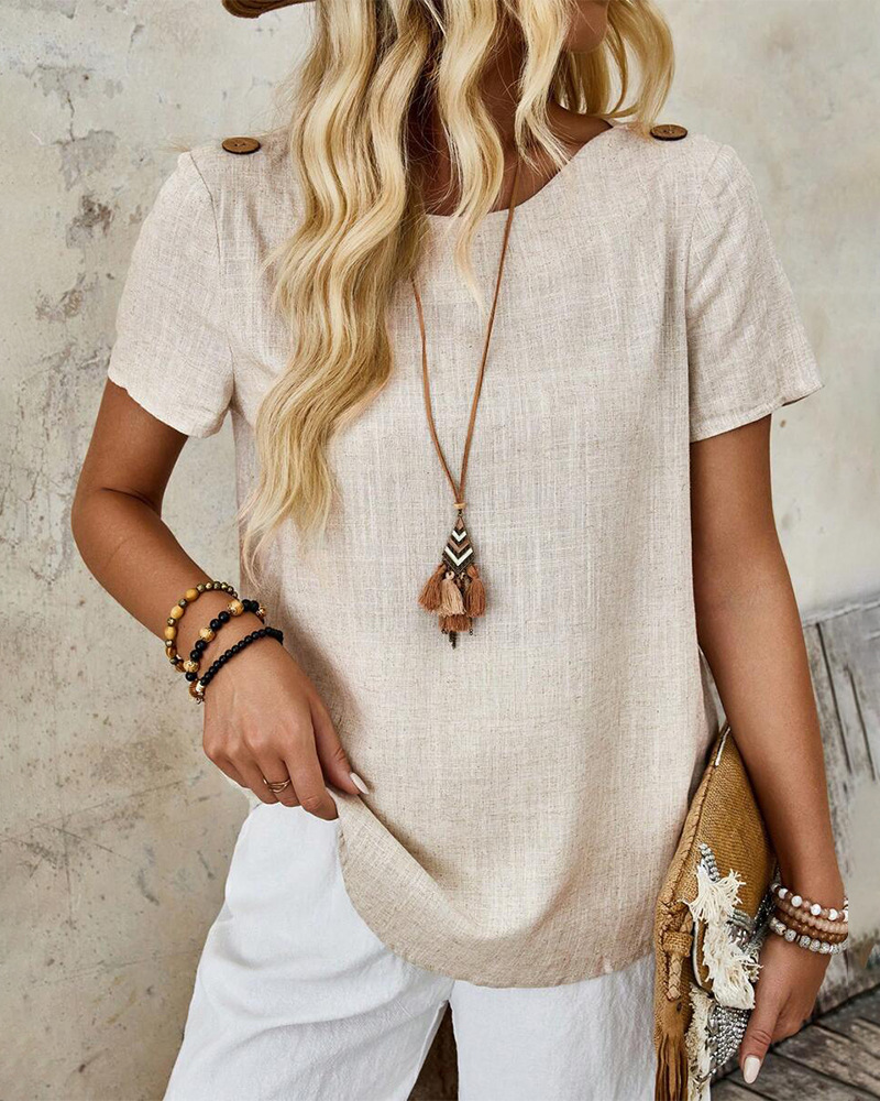 Women's Solid Crewneck Short Sleeve Button Top