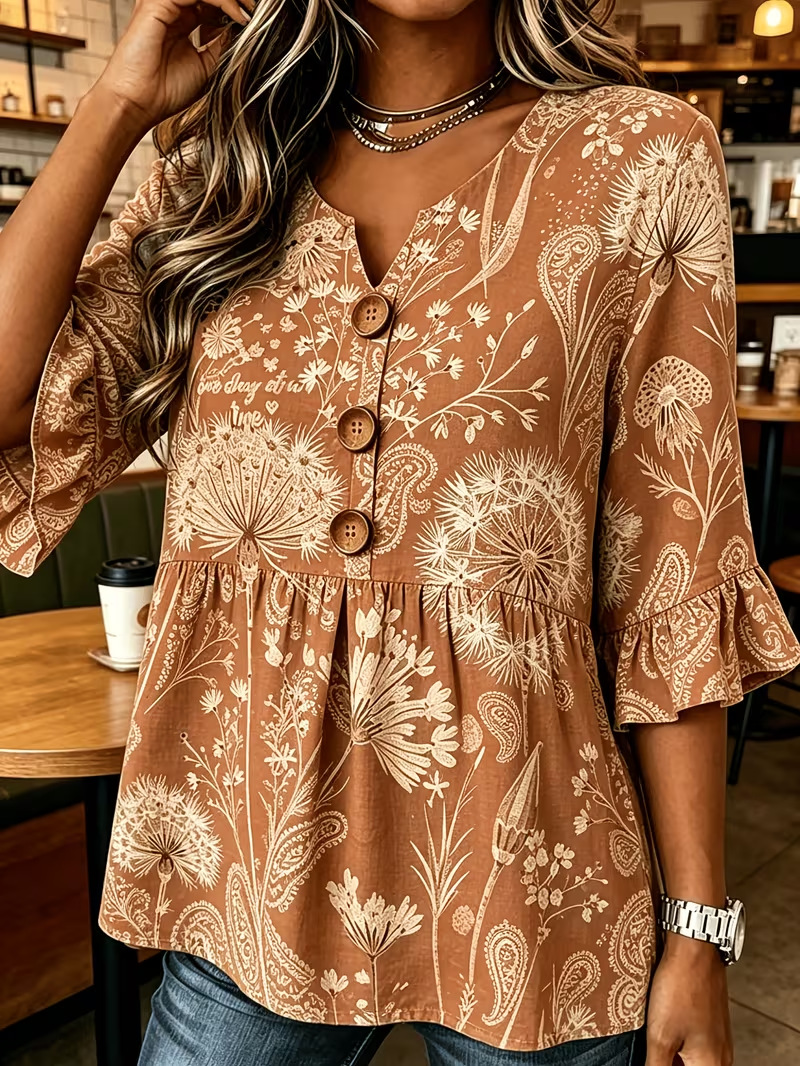 Women's Summer Floral Print Rolled Sleeve Button Top
