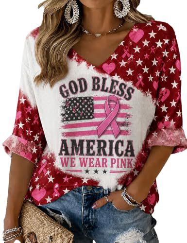 Ribbon Star Print V-Neck Half-Sleeve Women's T-Shirt