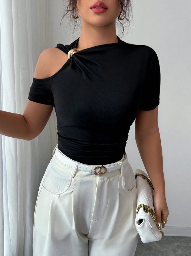 One-Shoulder Metallic-Trim Slim-Fit Knit Top