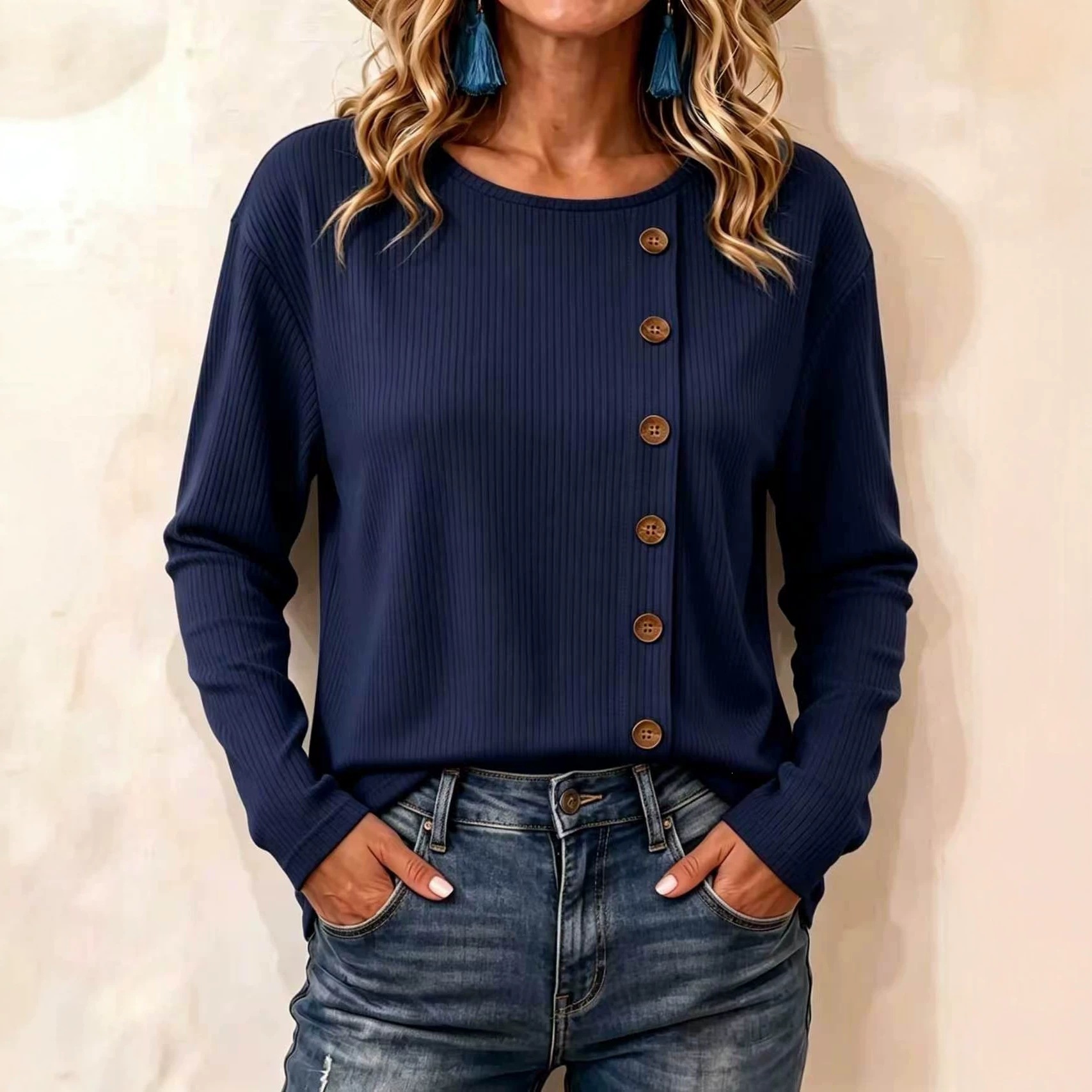 Corduroy Long-Sleeve Button-Front Solid Color Loose Fit T-Shirt