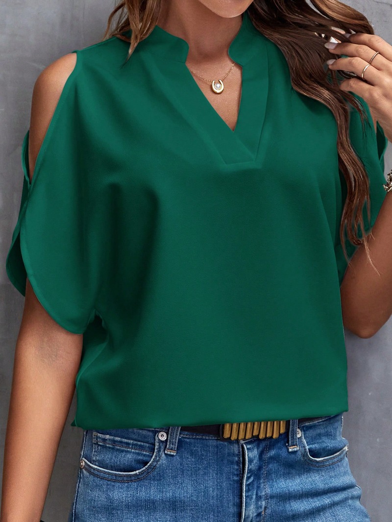Women's Solid V-Neck Cold-Shoulder Short-Sleeve Top