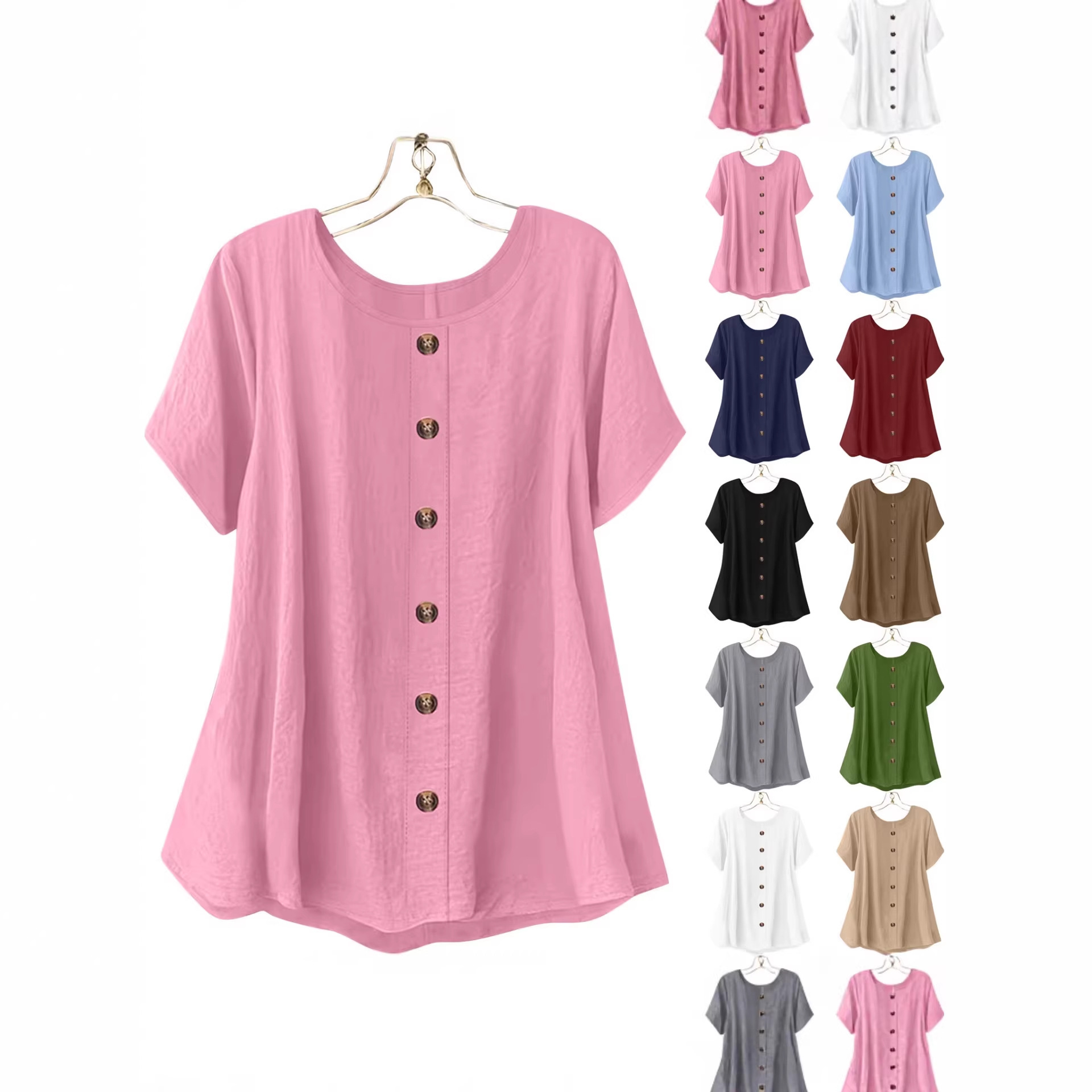 Elegant Button-Trim Solid Short-Sleeve Crewneck T-Shirt