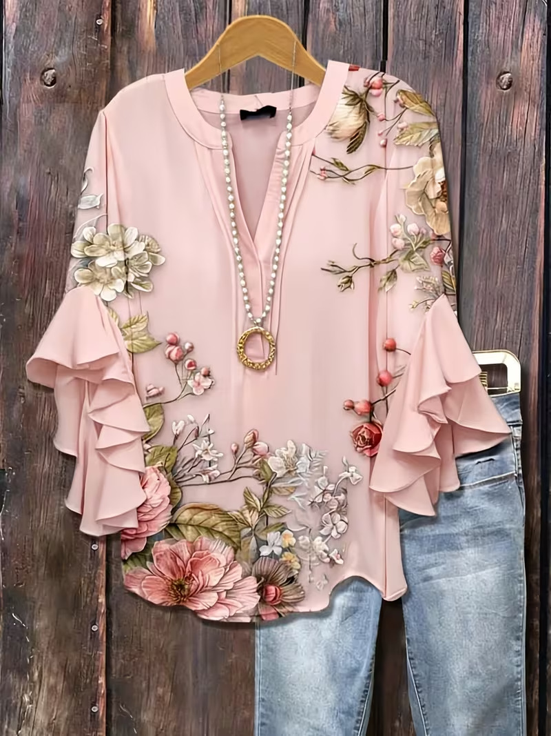 Floral Print Rolled Sleeve V-Neck Women's Top