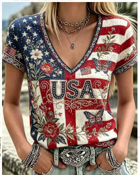 USA Flag 3D Print V-Neck Short Sleeve Women's T-Shirt