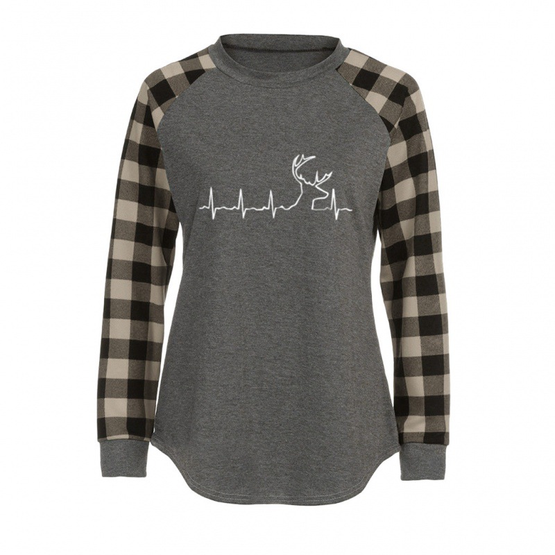 2024 Summer New Cross-Border European and American Women's Clothing Cross-Border European and American Spring and Autumn Plaid Print Round Neck Long Sleeve Top T-Shirt