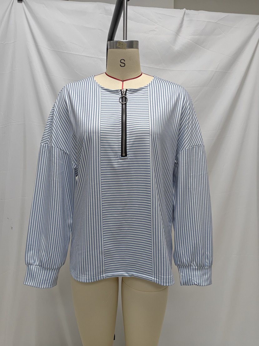 Striped Zip-Up Long-Sleeve Drop-Shoulder Crewneck T-Shirt