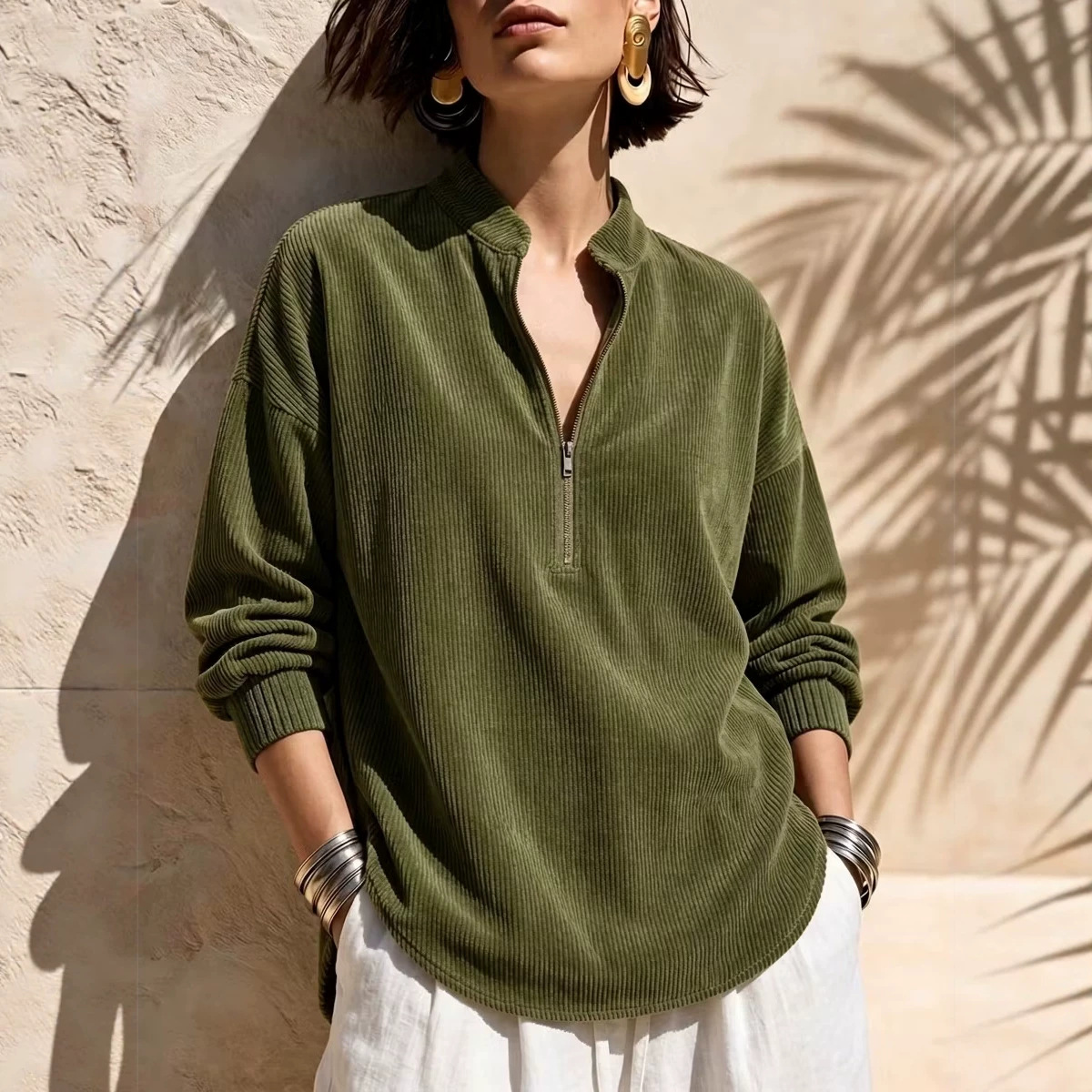 Women's Solid Corduroy Stand Collar Long Sleeve Loose Casual Top
