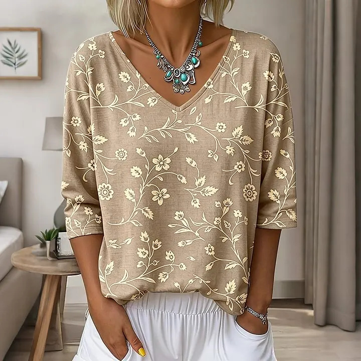 Floral Leaf Print V-Neck Half-Sleeve Women's T-Shirt
