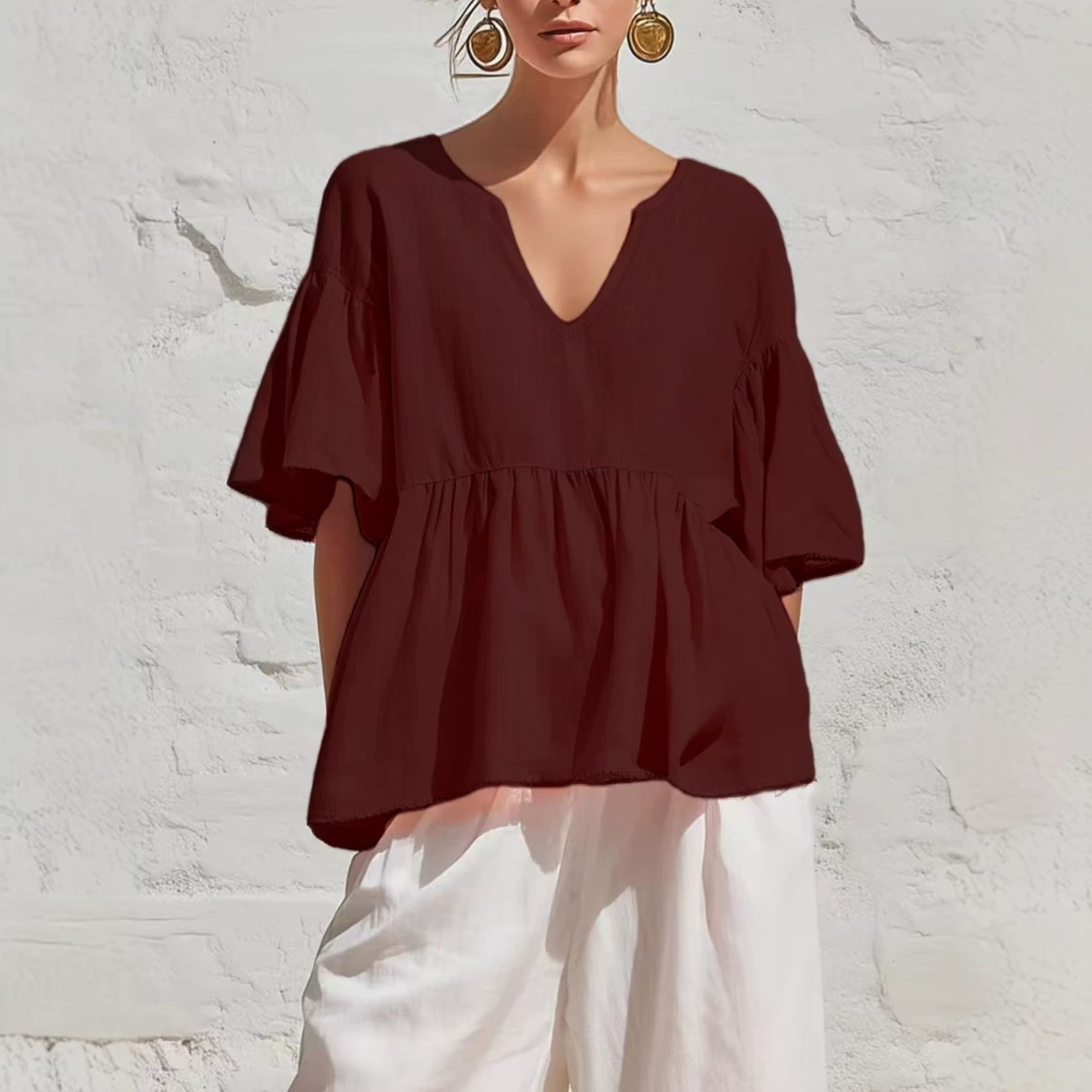 Women's Solid V-Neck Ruffle Sleeve Loose Knit Top