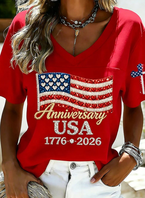 USA Flag 3D Print V-Neck Short Sleeve Women's T-Shirt