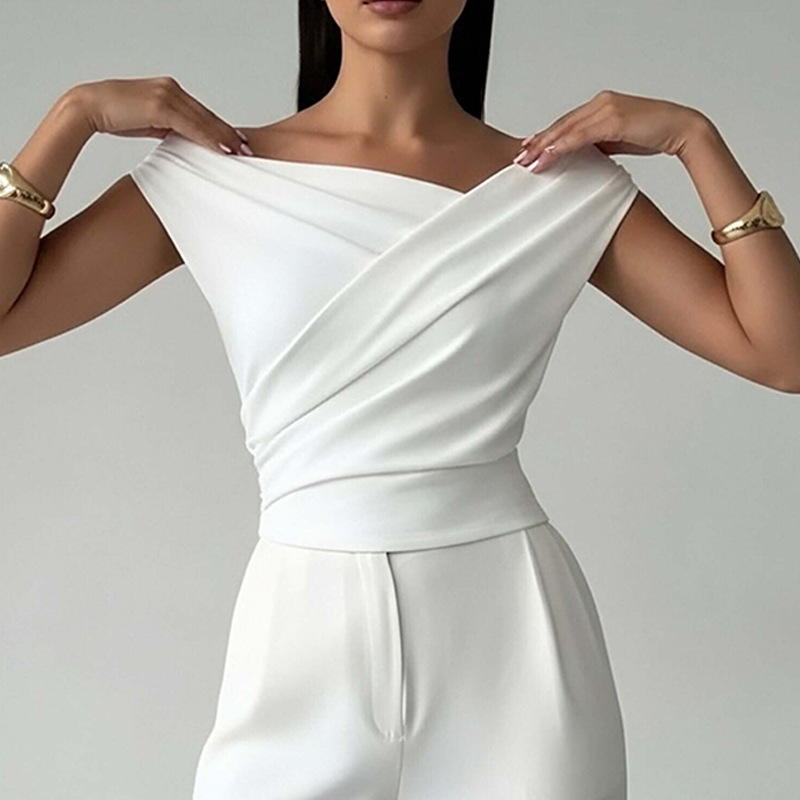 Women's Off-Shoulder Asymmetric Neck Sleeveless Top Short Sleeve Blouse