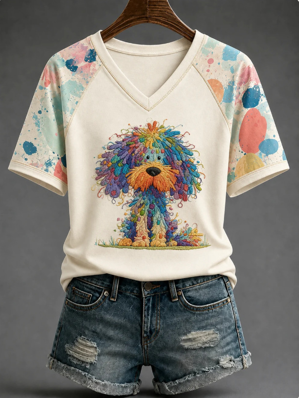Women's Short Sleeve V-Neck T-Shirt with 3D Dog Print