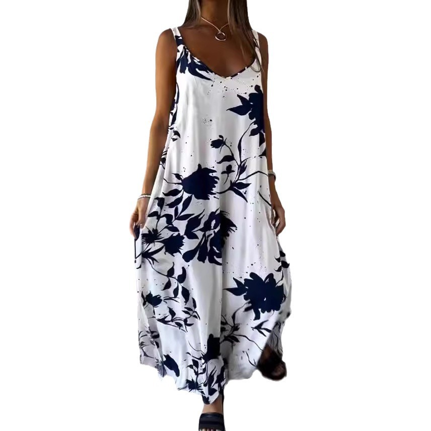 Women's Summer Floral Print V-Neck Backless Cami Maxi Dress