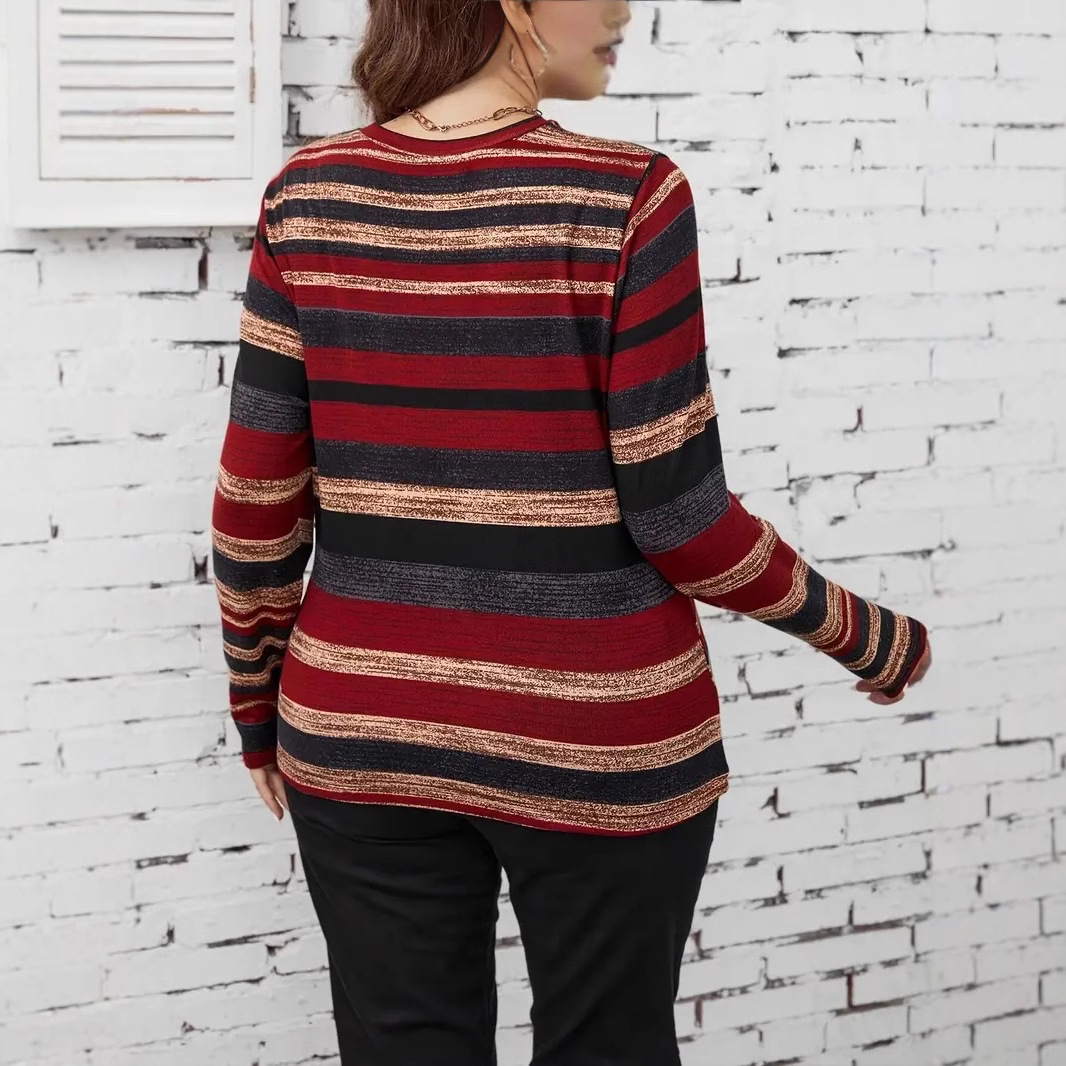 Plus Size Striped Crewneck Long Sleeve Women's Top