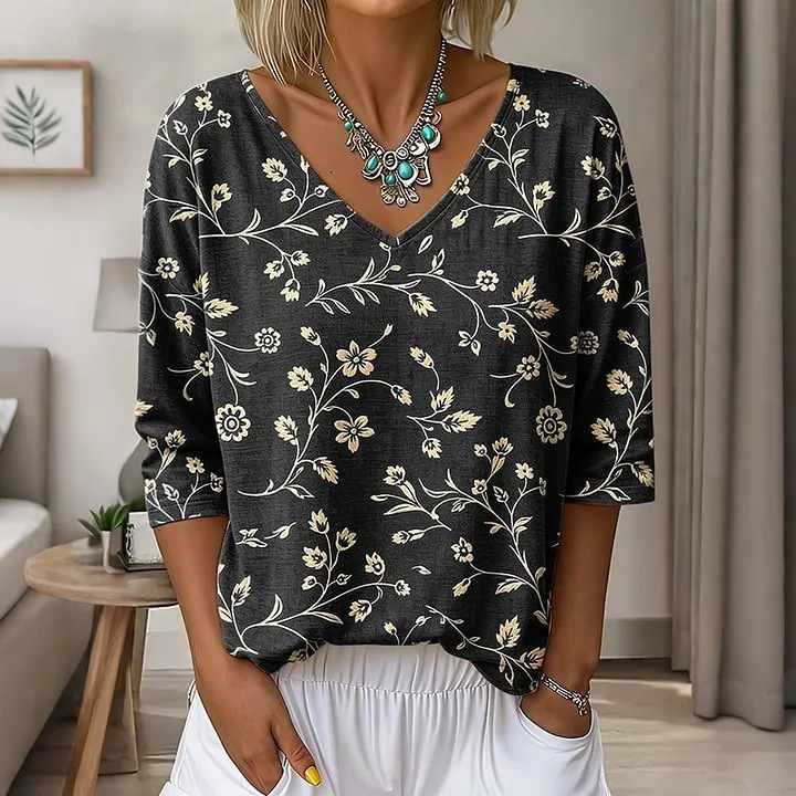 Floral Leaf Print V-Neck Half-Sleeve Women's T-Shirt