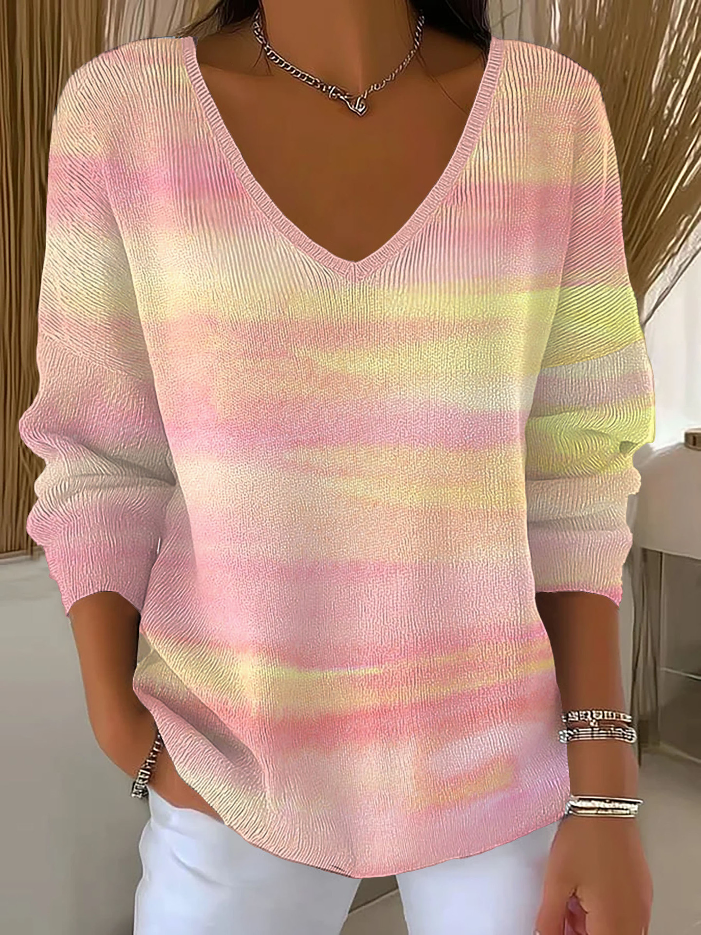 Women's Floral Star Print V-Neck Long-Sleeve T-Shirt