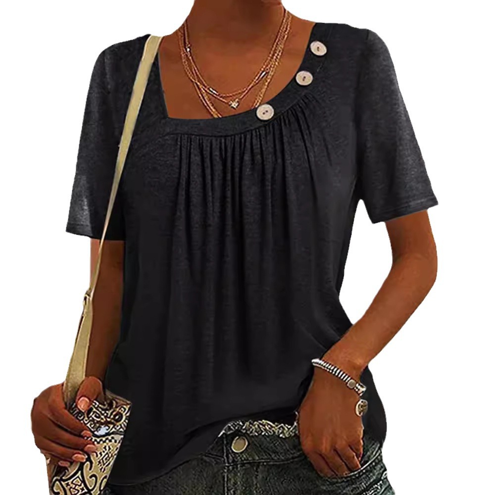 Women's Solid Color Button Round Neck Short Sleeve T-Shirt