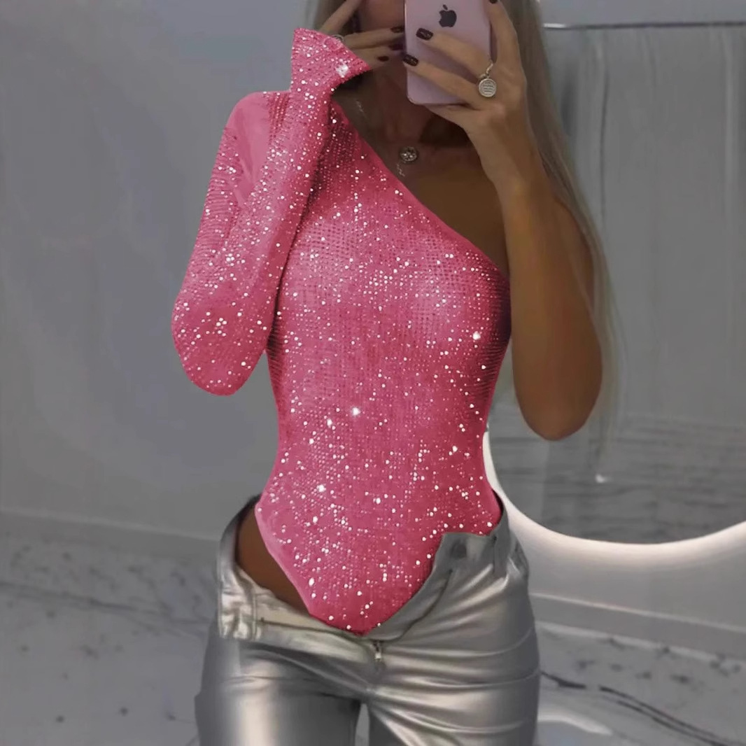 One-Shoulder Rhinestone Sequin Fitted Top