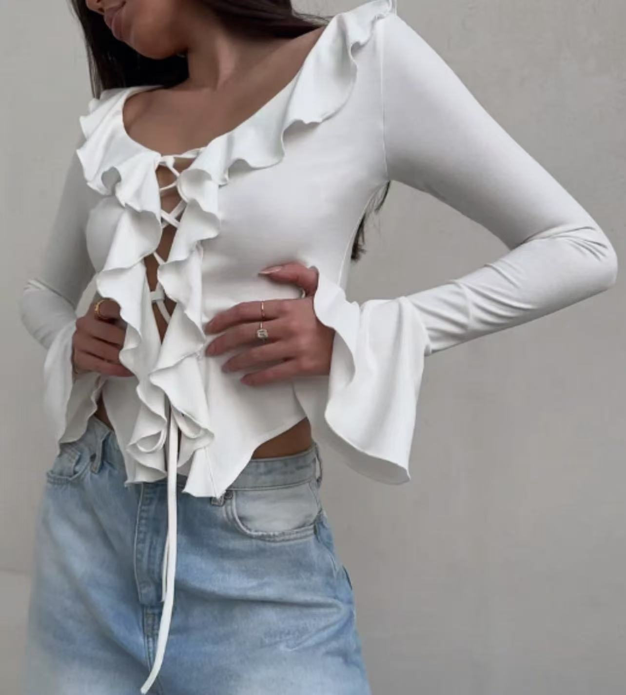 Sexy V-Neck Lace-Up Ruffle Long Sleeve Flare Sleeve Solid T-Shirt
