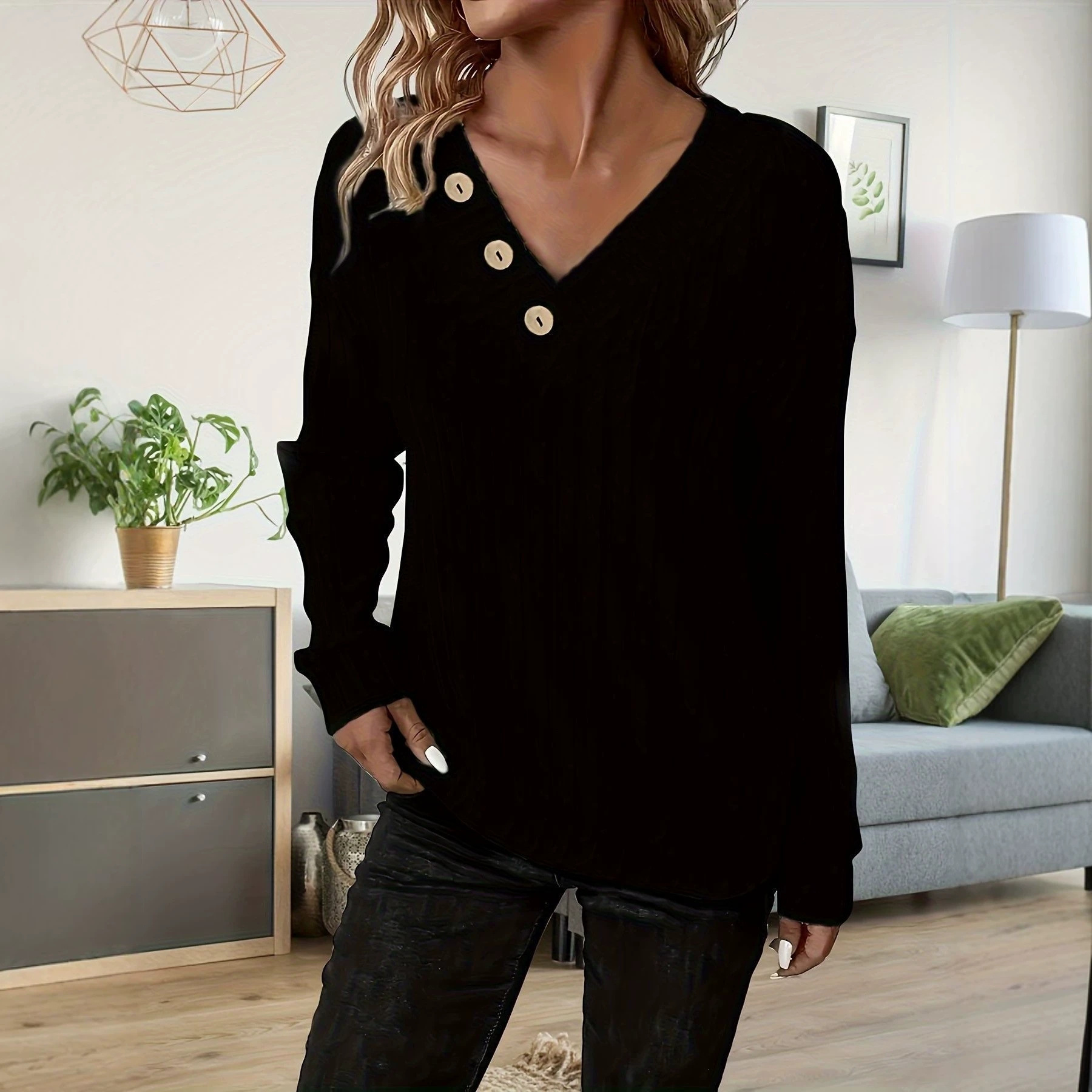 Women's V-Neck Long Sleeve Loose Fit Faux Button T-Shirt