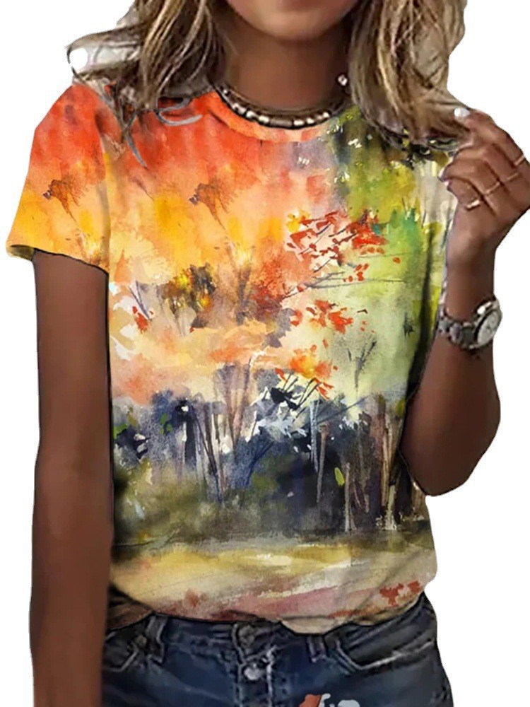 Women's Casual Crewneck Short Sleeve Digital Print T-Shirt