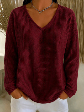 Women's Waffle Knit V-Neck Long Sleeve Loose Fit Solid Color T-Shirt