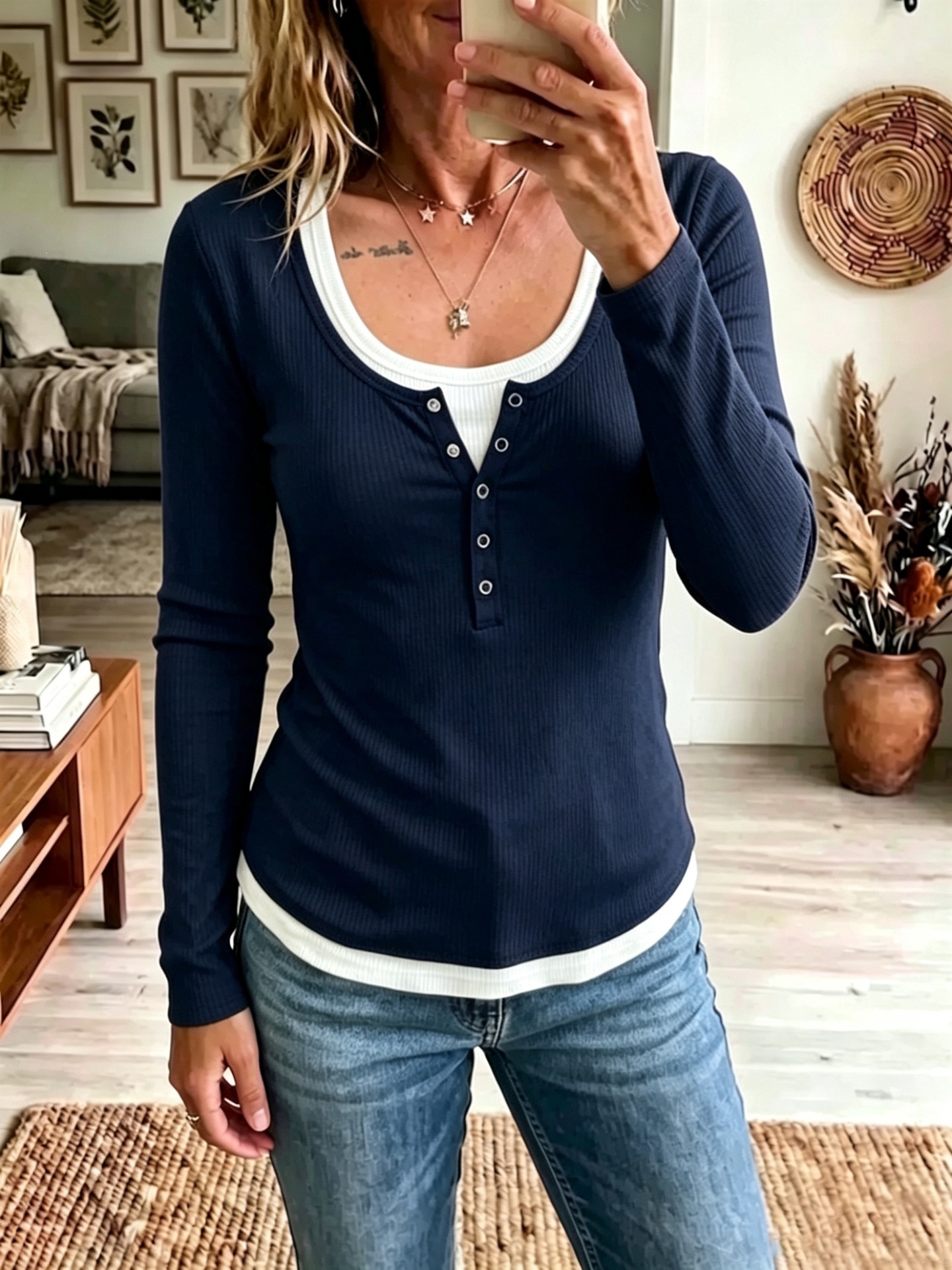 Women's Color-Block Faux-Layer Slim Long-Sleeve T-Shirt