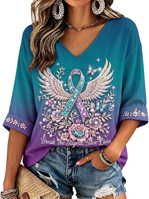 Floral Ribbon Print V-Neck Long Sleeve T-Shirt