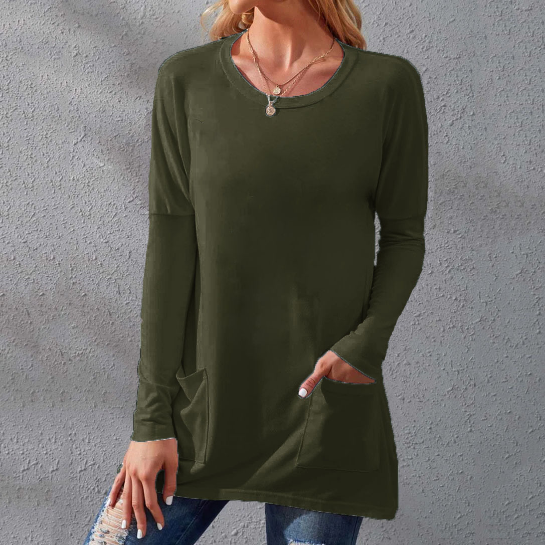 Women's Loose Fit Crewneck Short Sleeve Pocket Solid Midi T-Shirt