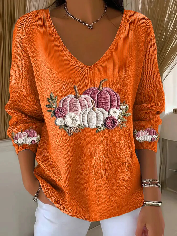 Pumpkin Print V-Neck Long Sleeve Women's Top