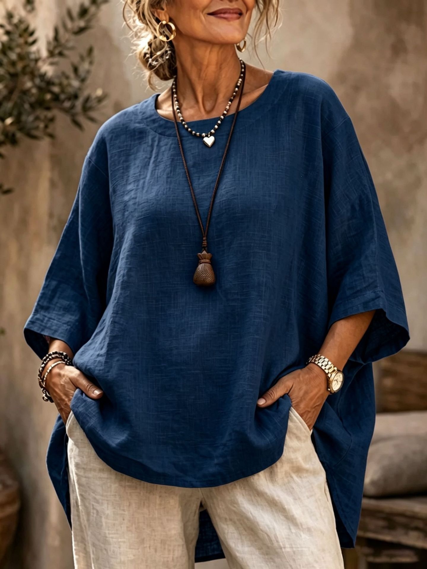 Women's Loose Round Neck Solid Cotton Linen 3/4 Sleeve Top